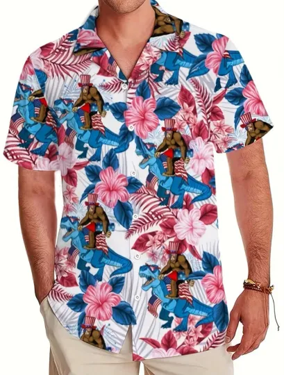 Discover Bigfoot Fun Sasquatch Hawaiian Shirt with American Flag for Vacation Cruise and BBQ