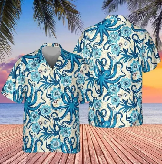 Discover Octopus Blue Hawaiian Shirt Ocean Aloha Shirt Summer Beach Hawaiian Shirt