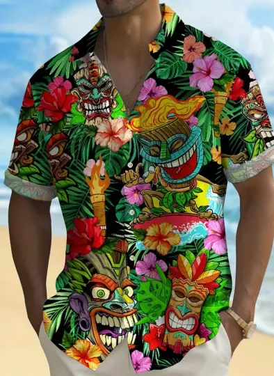 Discover Hawaiian Tiki Mask Tropical Beach Shirt Men Large