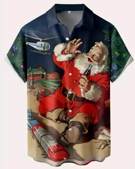 Discover Christmas Hawaiian Shirt Vintage Santa Soda Bottle Button-Up Blue Men’s Medium