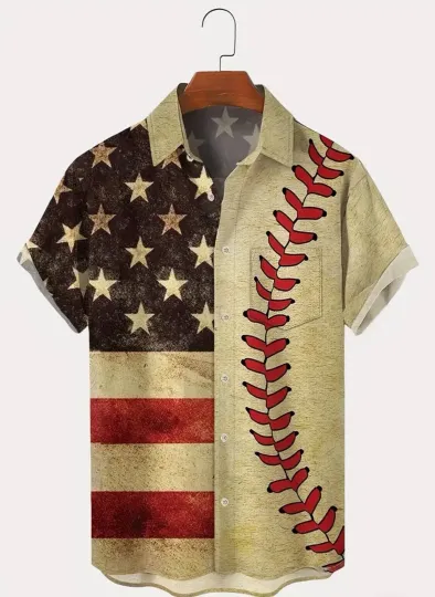 Discover Baseball Theme Button Up Beach Hawaiian Shirt Vacation Cruise Party Large NEW
