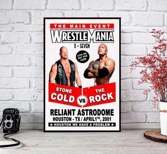 Discover Wrestling Poster, Stone Cold vs The Rock, Vintage Reliant Astrodome