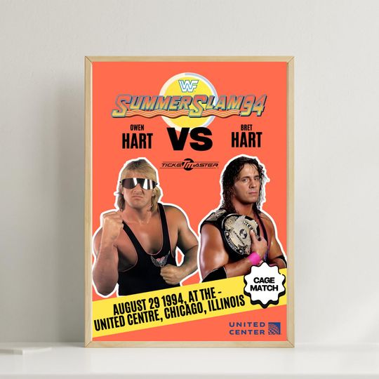 Wrestling WWF Summerslam Poster Bret Hart Owen Hart Vertical Wall Art
