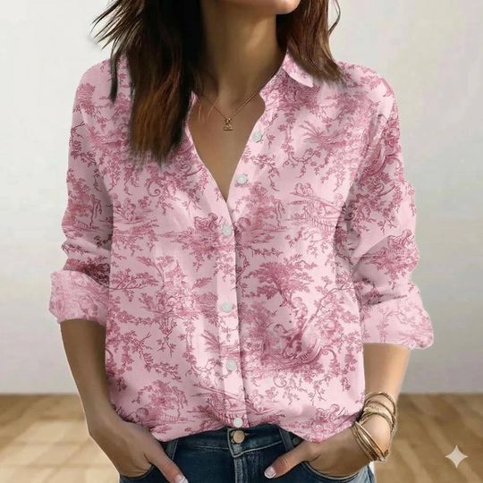 Discover French Toile Blouse, Vintage Blue and White Button Up, Romantic Cottagecore Shirt, Elegant Women Tops, Aesthetic Toile de Jouy Gift for Her