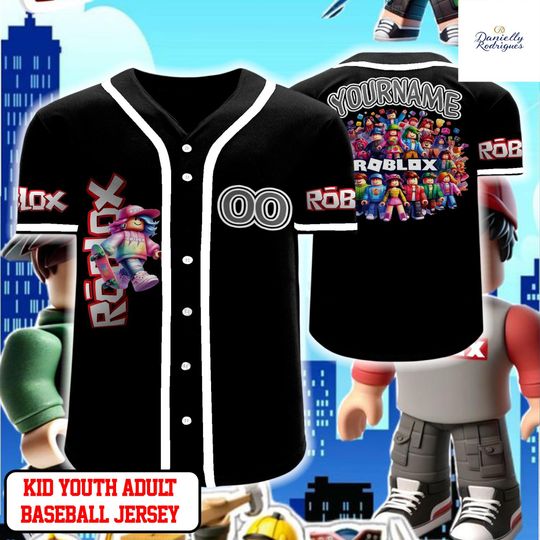 Roblox Black Baseball Jersey, Personalized Name Number Gamer Shirt, Kids Youth Adult Button Up Gaming Jersey, Roblox Team Outfit