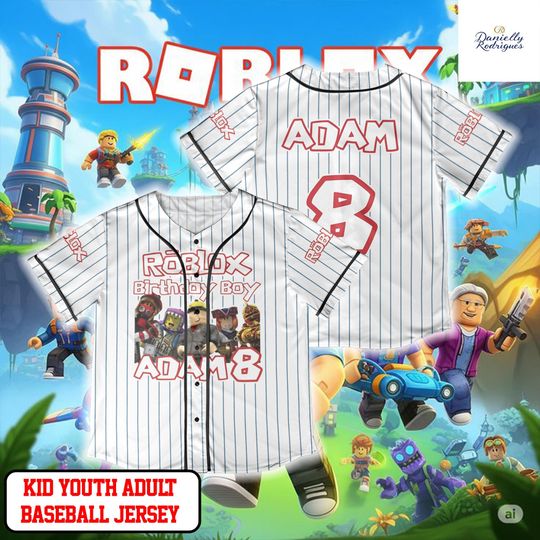 Roblox Birthday Boy Baseball Jersey, Custom Name and Number Roblox Shirt, Personalized Kid Youth Adult Gamer Party Outfit