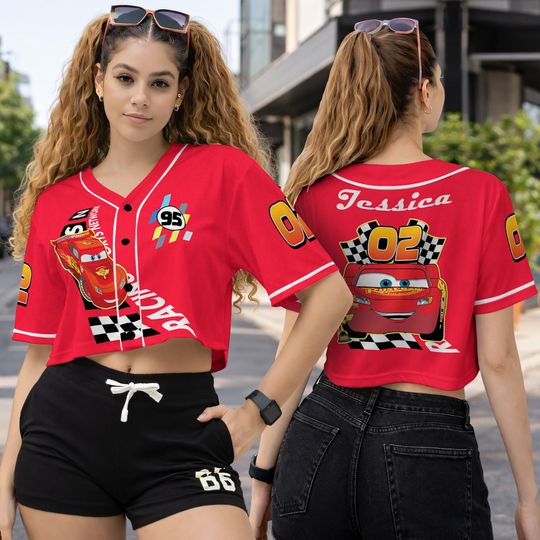 Lightning McQueen Crop Top Baseball Jersey, DisneyCars Crop Top Jersey, Pixar Cars Shirt, Disneyland Shirt, Disneyworld Gift For Her