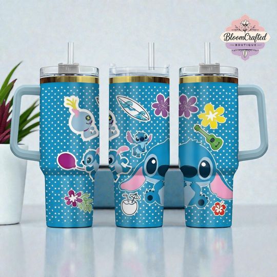 Discover Cute Blue Alien Cartoon Tumbler Tropical Sticker Style Character Cup With Handle And Straw Kawaii Travel Mug Gift For Cartoon Lovers