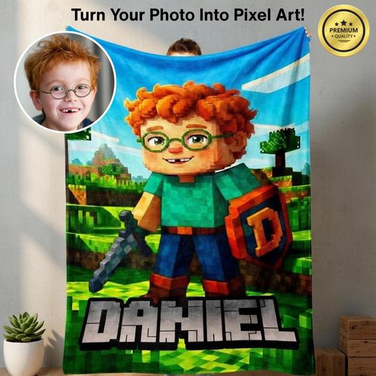 Custom Minecraft Blanket - Your Photo As Pixel Art, Personalized Gamer Gift For Kids & Adults