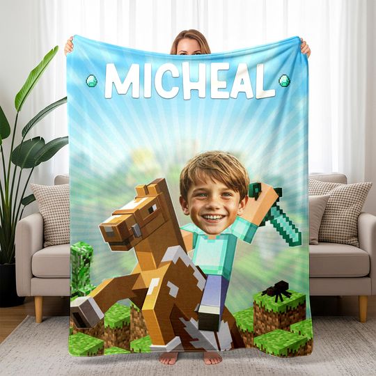 Discover Custom Pixel Game Photo Blanket with Name, Personalized Plush Gamer Throw Gift