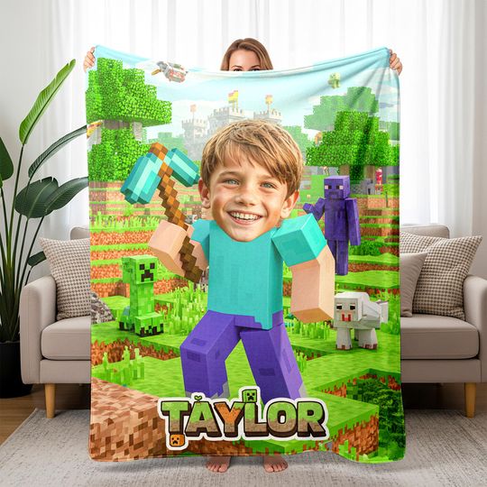 Discover Personalized Block Game Photo Blanket with Name, Custom Pixel Gamer Plush Throw Gift