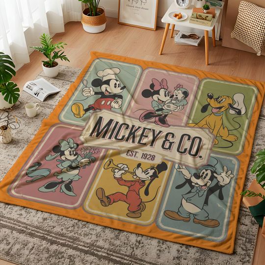 Discover Retro Mickey & Co. EST. 1928 Blanket, Disney Mickey Minnie Pluto Kids Room Decor, Best Friends Disney Gift