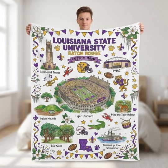 Personalized Louisiana State Campus Culture Icons Blanket, Senior Alumni Graduation Gift, Custom Dorm Throw