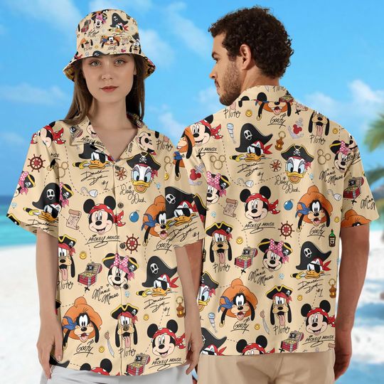 Discover Disney Pirate Mickey & Friends Hawaiian Shirt, Minnie Goofy Donald Daisy Pluto Pirate Hawaii Shirt, Pirate Disney Cruise Trip Button Up Tee