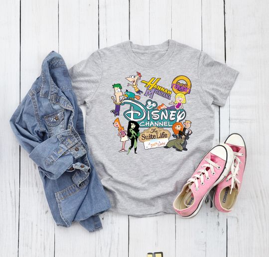 Disney Channel Vintage Characters Shirt, Retro 2000s Nostalgia Graphic, Phineas Ferb Kim Possible Suite Life Hannah Montana Top
