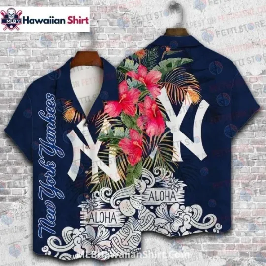 Discover Hibiscus And Tribal NY Baseball Team Yankeess Aloha Shirt With Large Logo
