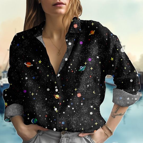 Discover Galaxy Space Button Up Shirt, Planet Print Linen Look Blouse, Cosmic Star Long Sleeve Top for Women, Astronomy Shirt, Gift for Her