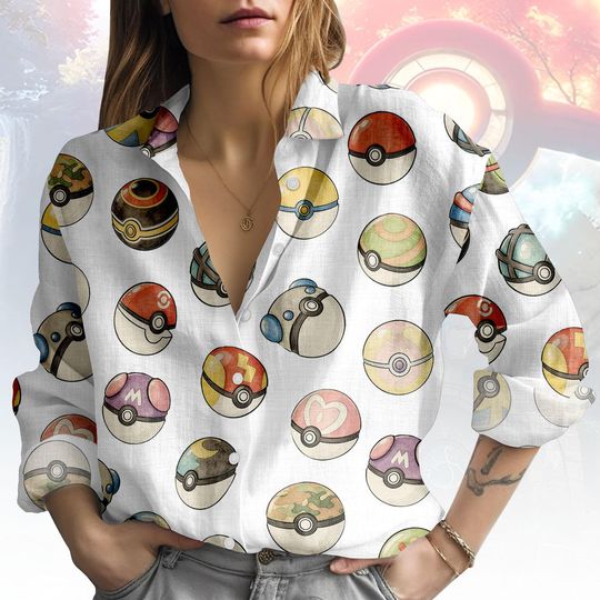 Discover Pocket Monster Ball Blouse Shirt, Anime Pattern Button Women Shirt, Women Blouse Top, Anime Gaming Cosplay Shirt