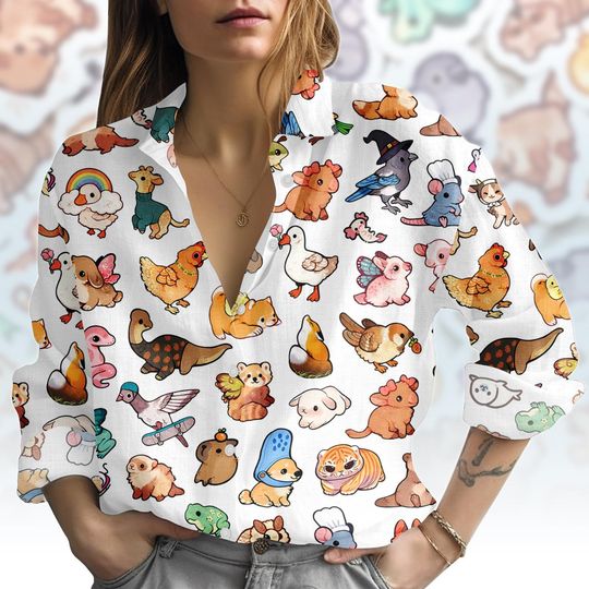 Cute Animal Blouse Shirt, Kawaii Cartoon Button Women Shirt, Animal Print Women Top, Women Blouse Top, Cute Gift for Her