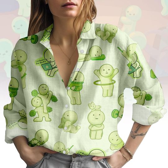Discover Cute Smiski Blouse Shirt, Funny Smiski Character Button Women Shirt, Graphic Art Women Top, Women Blouse Top, Gift for Blind Box Lover