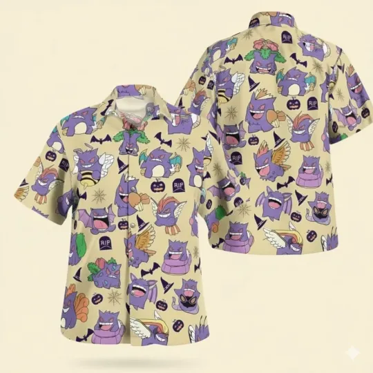 Gengar PKM Halloween Shirt - Spooky Ghost Type Graphic Aloha Hawaiian