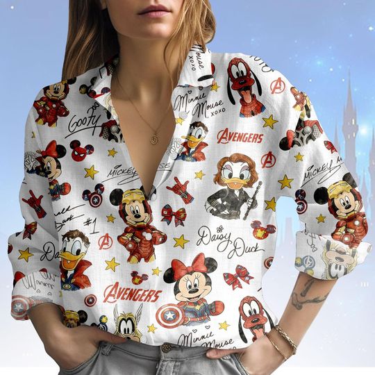 Disney Blouse Shirt, Avengers Button Women Shirt, Minnie Mouse Women Top, Women Blouse Top, Gift for Disney Fan