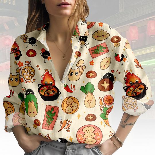 Discover Ghibli Blouse Shirt, Cute Anime Button Women Shirt, Howl Women Top, Women Blouse Top, Gift for Anime Fans