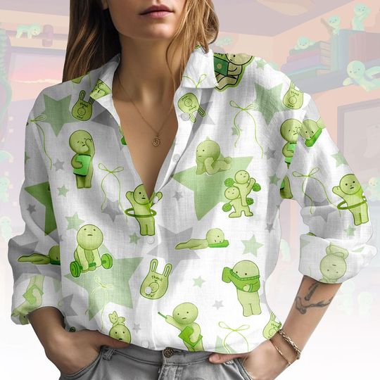 Discover Cute Smiski Blouse Shirt, Green Smiski Button Women Shirt, Smiski Print Women Top, Smiski Figure Blouse Top, Gift For Her