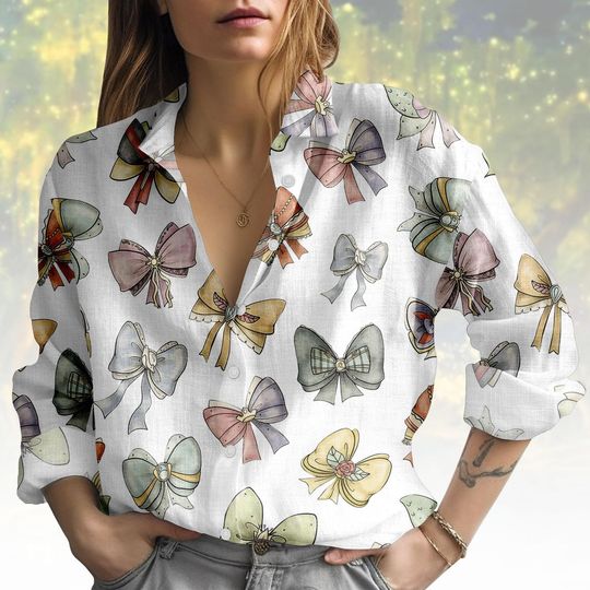Discover Bow Print Blouse Shirt, Bow Tie Button Women Shirt, Cute Pattern Women Top, Women Blouse Top, Gift for Fashion Lovers