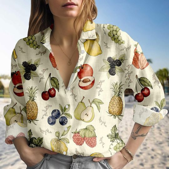 Fruit Pattern Blouse Shirt, Button Women Shirt, Fruit Design Women Top, Women Blouse Top, Gift for Her