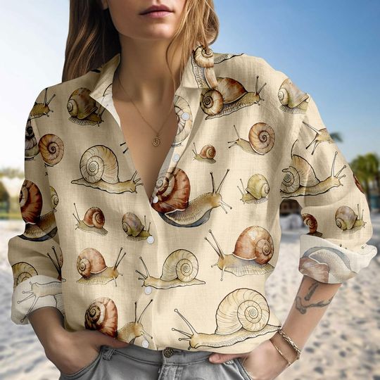Discover Snail Blouse Shirt, Cute Snail Button Women Shirt, Nature Print Women Top, Women Blouse Top, Gift For Her