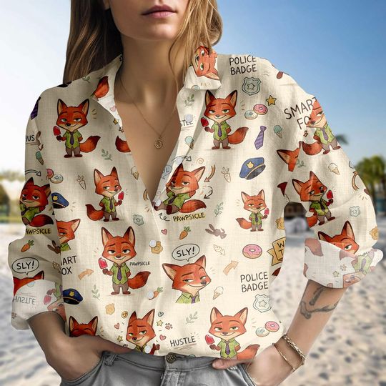 Discover Red Fox Blouse Shirt, Nick Button Women Shirt, Disney Couple Blouse Top, Women Blouse Top,  Disney Trip Outfit, Gift for Her