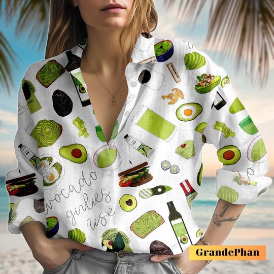 Discover Avocado Pattern Blouse Shirt, Girly Button Blouse Top, Long Sleeve Women Shirt, Gift Idea