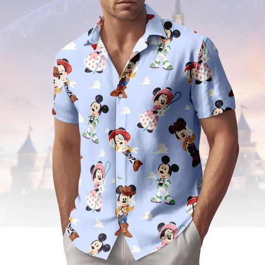 Discover Mickey Hawaiian Shirt, Cartoon Swim Shorts, Character Button Shirt, Playful Beach Wear, Vacation Outfit, Gift For Him
