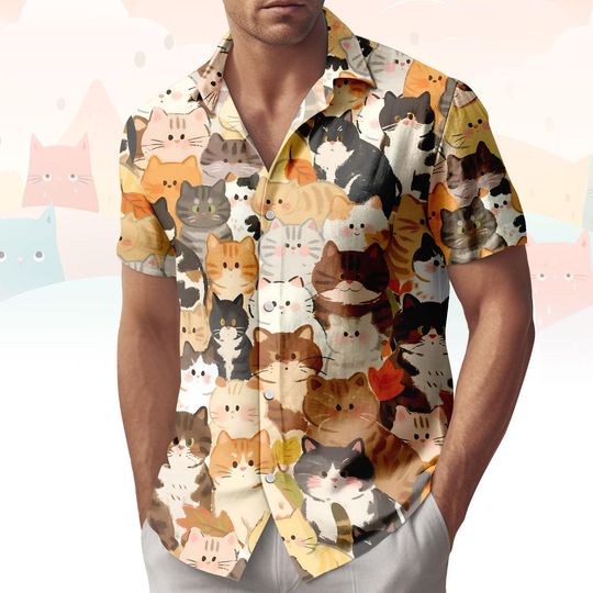 Discover Cat Lover Hawaiian Shirt, Feline Swim Shorts, Kitten Button Shirt, Cute Vacation Outfit, Gift For Cat Fans