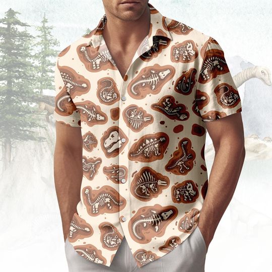 Discover Dinosaur Fossil Hawaiian Shirt, Dino Bones Swim Shorts Set, Prehistoric Dino Bones Button Shirt, Summer Beach Outfit, Vacation Gift Ide