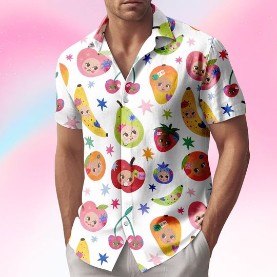 Discover Kawaii Fruit Hawaiian Shirt, Cute Pattern Button Shirt, Colorful Men Shorts, Beach Outfit, Gift For Him