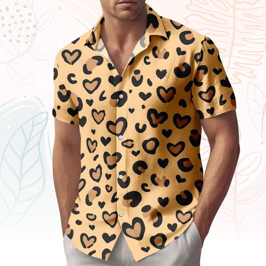Discover Leopard Heart Hawaiian Shirt, Leopard Swim Shorts Set, Cheetah Print Button Shirt, Summer Beach Vacation Outfit for Men