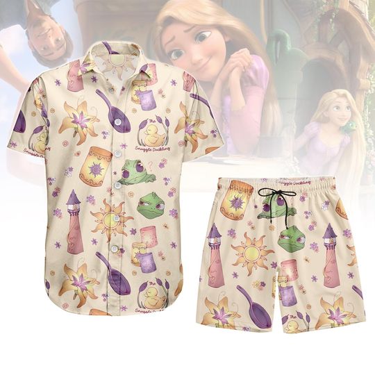Tangled Hawaiian Shirt, Rapunzel Flynn Pascal Button Shirt, Rapunzel Swim Shorts, Disney Beach Outfit, Disneyland Trip Outfit