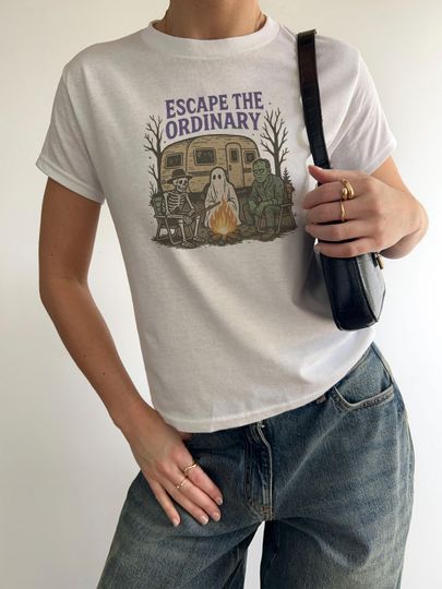 Discover Ghosts Ghouls & Campfire Crop, Escape The Ordinary Baby Tee, Camping Campsite, Spooky Soft Theme, Spooky Season Vacation Style, October Tank