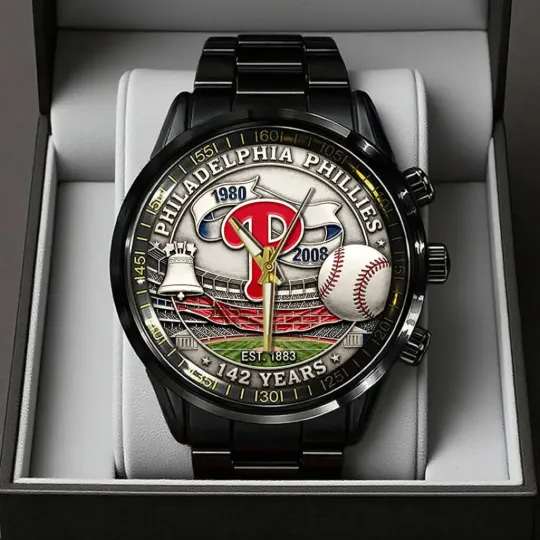 Phillies 142nd Anniversary Black Stainless Steel Calendar Watch