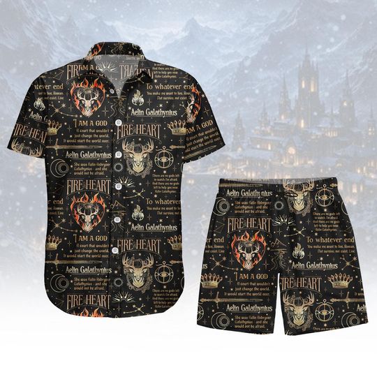 Discover Fantasy Hawaiian Shirt, Fire Heart Button Shirt, Fantasy Men Shorts, Vacation Outfit, Gift For Fans