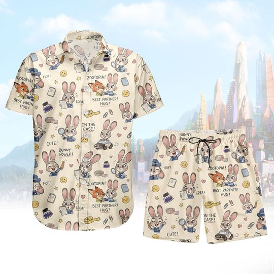 Discover Zootopia Hawaiian Shirt, Disney Button Shirt, Judy Hopps Shirt, Swim Shorts, Disney Vacation Couple Outfit, Gift For Fans