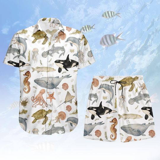 Sea Life Hawaiian Shirt, Ocean Animals Button Shirt, Marine Life Men Shorts, Beach Outfit, Gift For Ocean Lovers