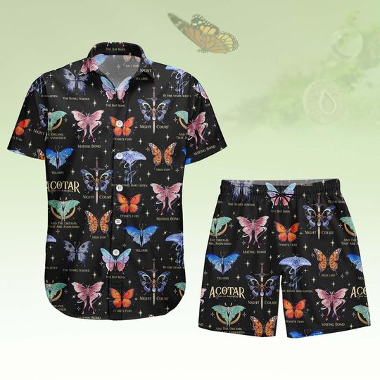 Discover ACOTAR Hawaiian Shirt, Butterfly Button Shirt, Fantasy Men Shorts, Vacation Outfit, Gift For Book Lovers