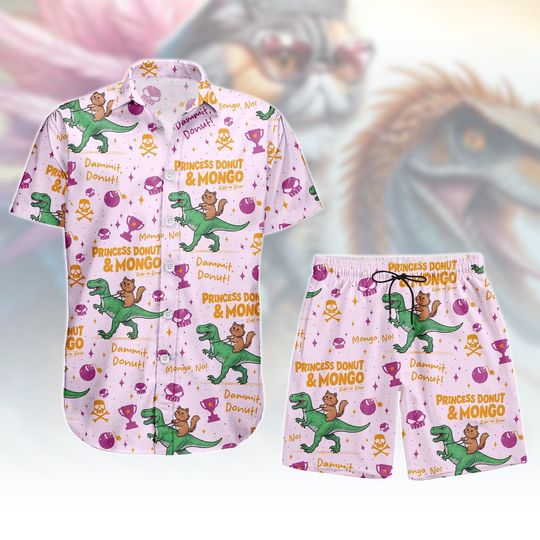 Discover Princess Donut & Mongo Hawaiian Shirt, Cartoon Button Shirt, Fun Men Shorts, Beach Outfit, Gift For Fans