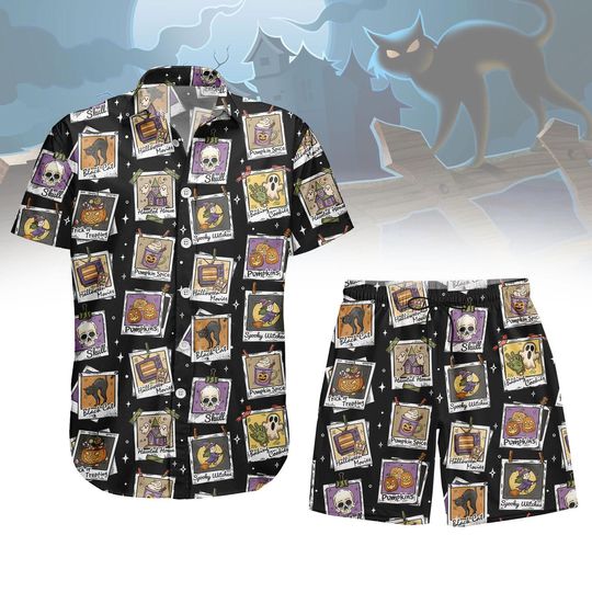 Discover Halloween Hawaiian Shirt, Skull Button Shirt, Cat Men Shorts, Vacation Outfit, Gift For Him