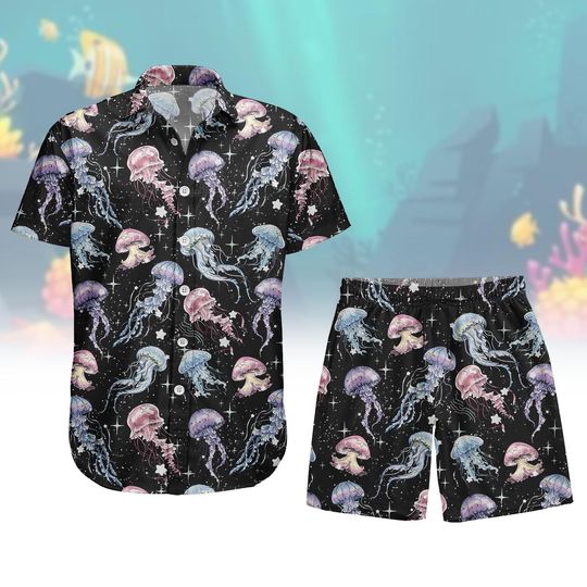 Jellyfish Hawaiian Shirt, Ocean Life Button Shirt, Marine Men Shorts, Beach Outfit, Gift For Him