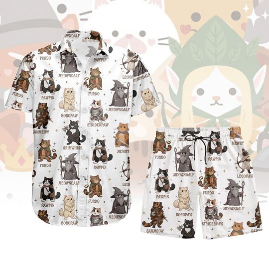 Discover Cat Fantasy Button Shirt, Wizard Cat Hawaiian Shirt for Men, Cute Kitty Men Shorts, Summer Outfit, Witch Men Shirt, Gift For Him
