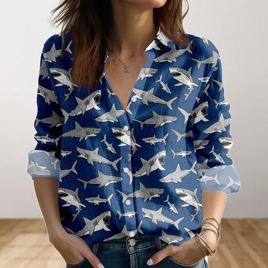 Discover Vintage Shark Blouse, Ocean Fish Print Casual Shirt, Blue Linen-Look Top, Shark Love Button-Down Shirt for Women